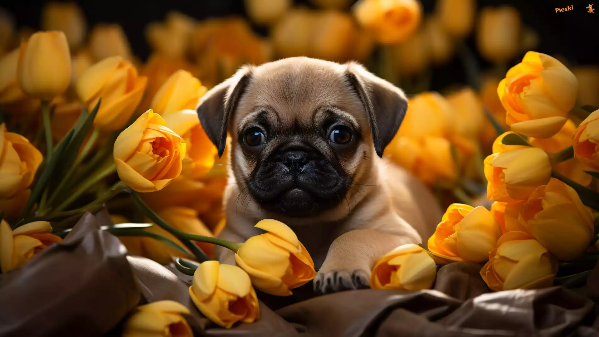 Tulipany, Szczeniak, Mops, Żółte, Pies, Pyszczek, Kwiaty
