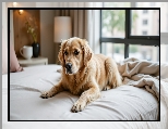 Okno, Łóżko, Pies, Golden retriever